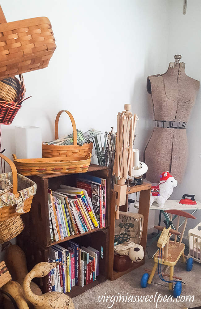 Crates and baskets in a sewing room.