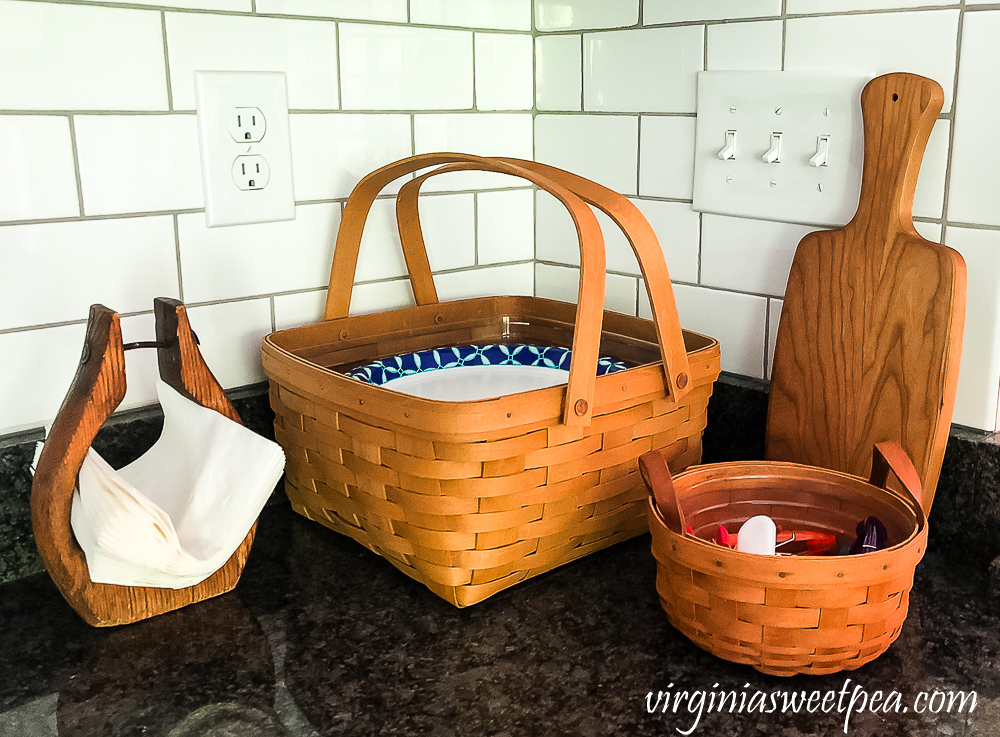 Longaberger baskets on a kitchen counter