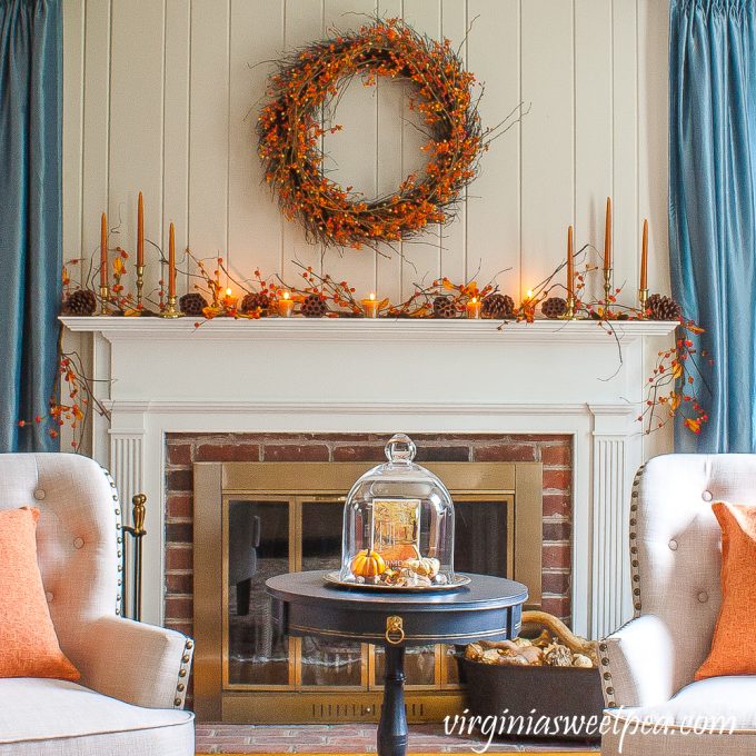 Fall fireplace decorated with items from nature including Bittersweet, Lotus, and Pine Cones.