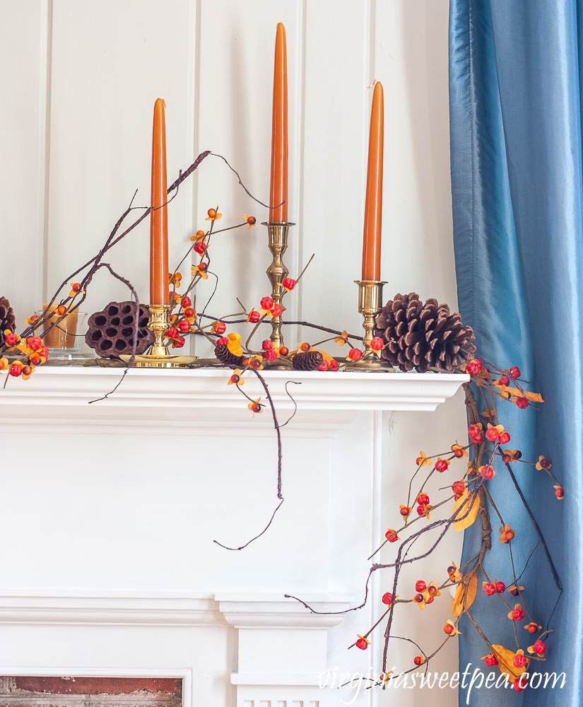 Fall Mantel decorated with nature inspired items including lotus pods, bittersweet, and pine cones.