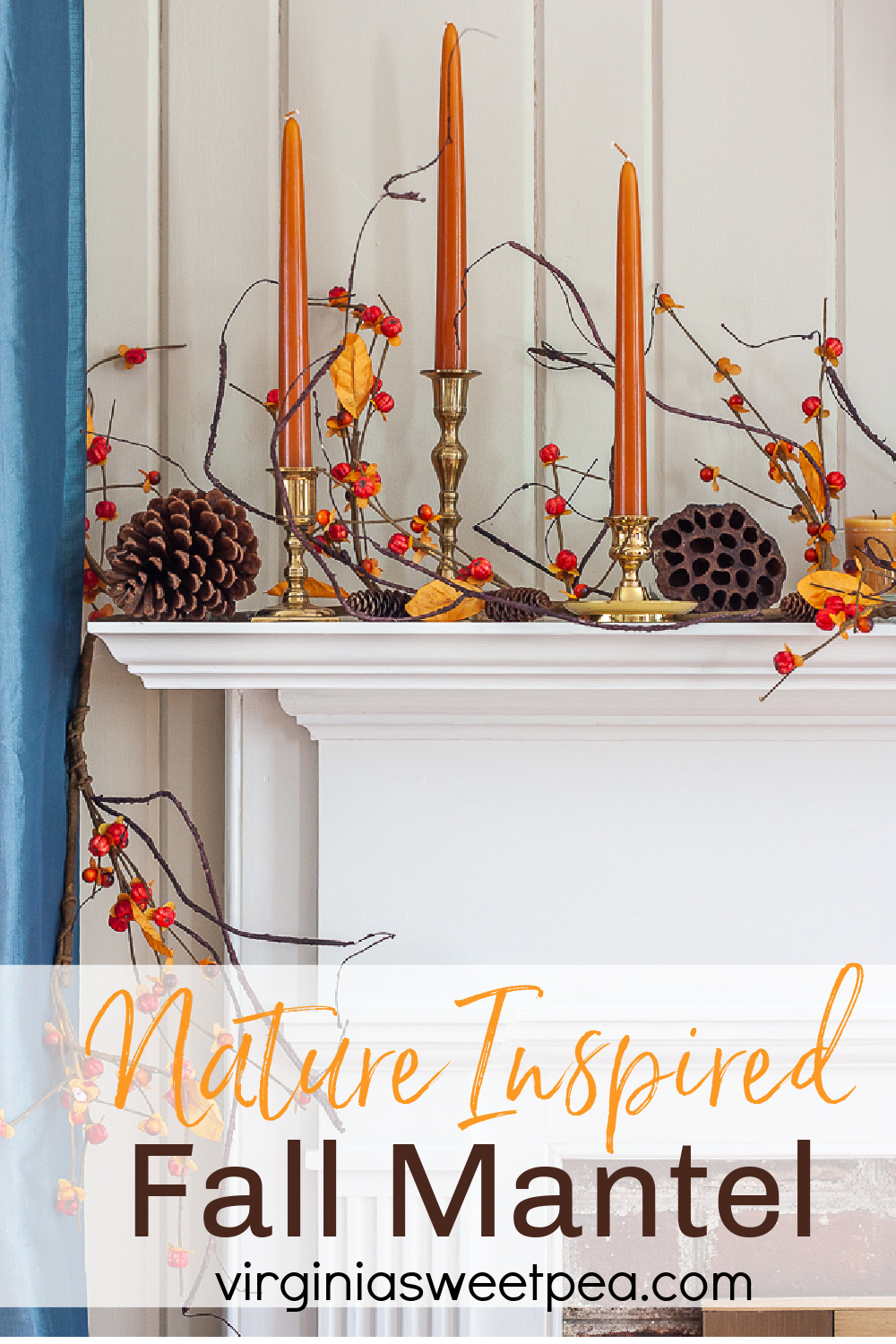 Fall mantel decorated with bittersweet, lotus pods, pine cones, and candles.