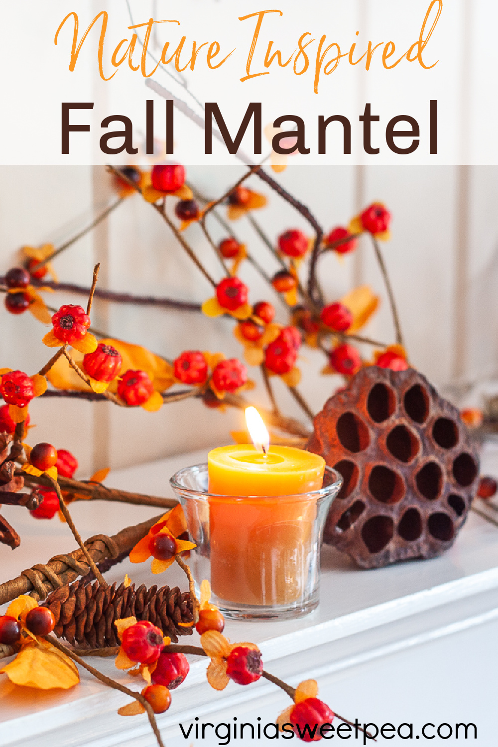 Fall mantel ideas using items from nature including bittersweet, lotus pods, and pine cones.