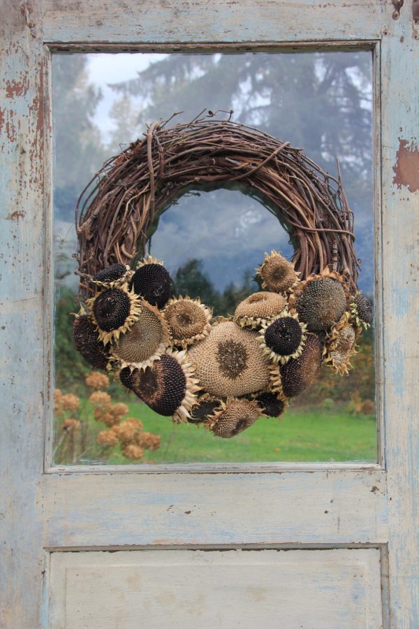 Wreath decorated with dried sunflowers