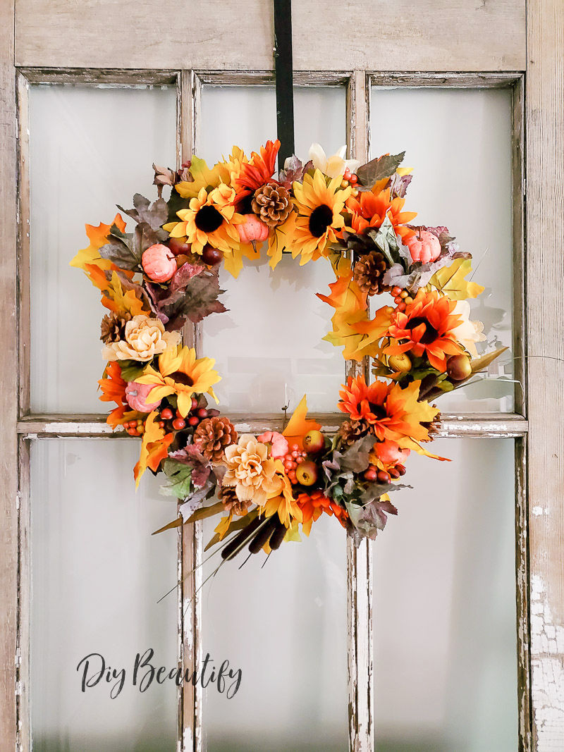 Fall wreath made using supplies from the Dollar Store