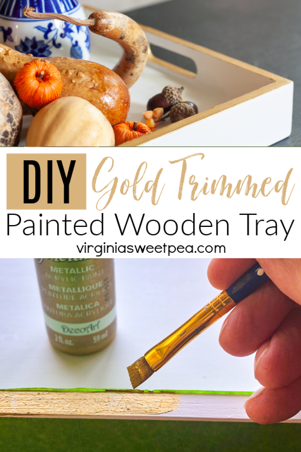 Diy Gold Trimmed Painted Wooden Tray, Painted Wooden Tray With Handles
