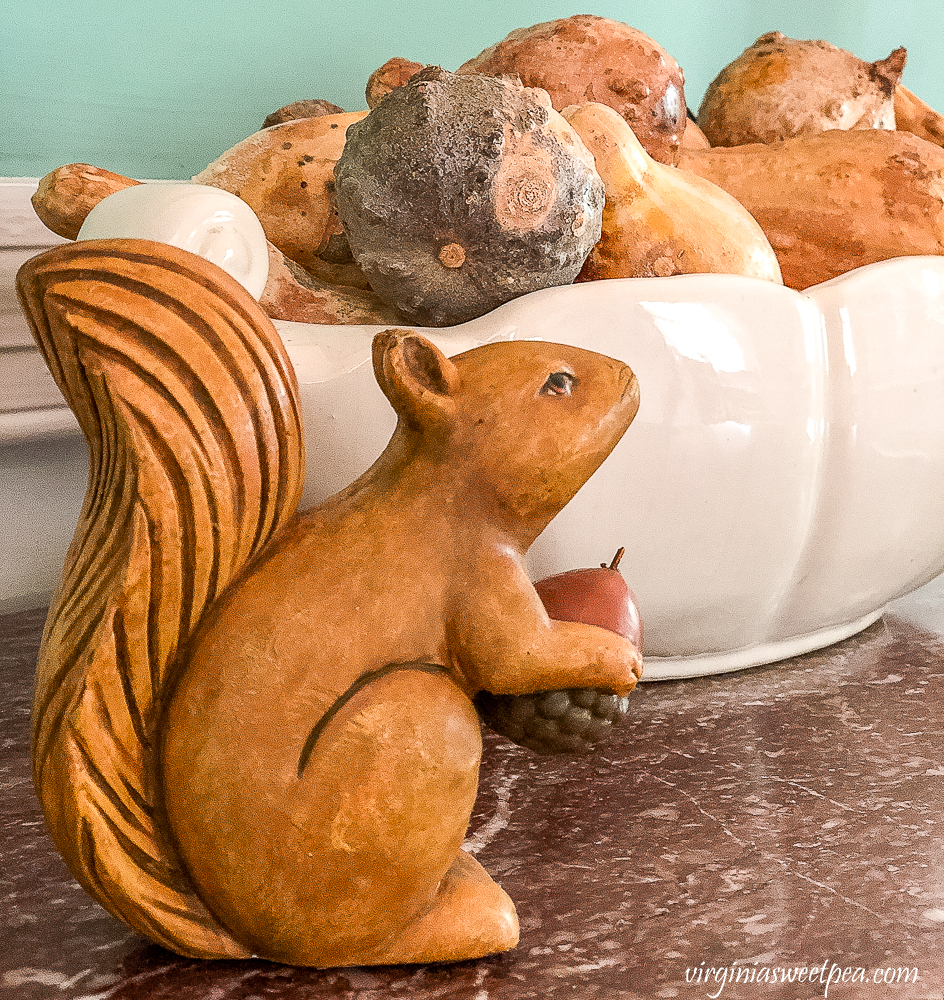 Wood carved squirrel beside a white pottery dish filled with dried gourds.
