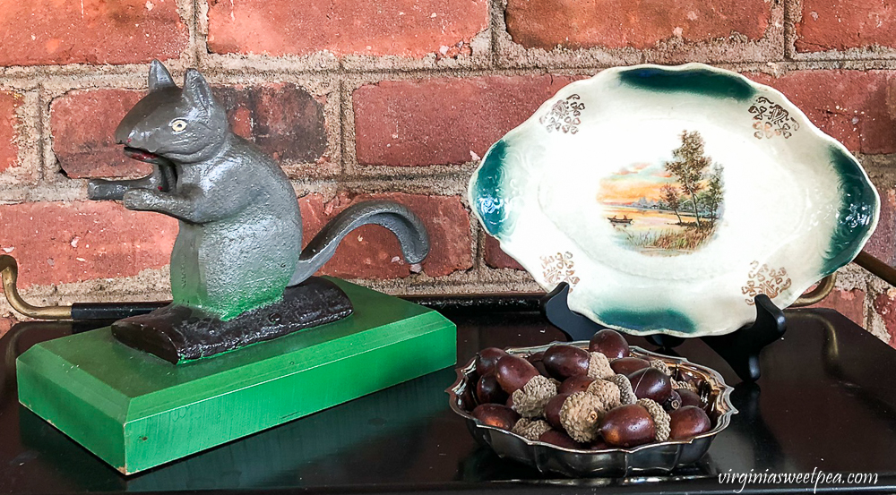 Antique squirrel nutcracker, vintage silver bowl full of faux nuts, vintage mini fall themed tray
