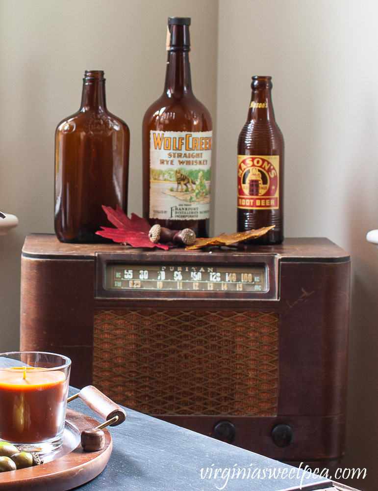 Vintage brown liquor bottle, Wolf Cree Straight Rye Whiskey bottle, Mason's Root Beer Bottle