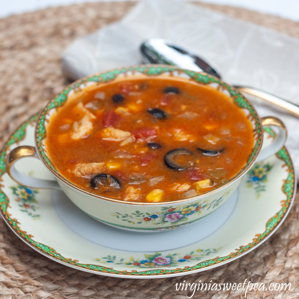 Family favorite Fiesta Chowder soup served in a Noritake Condoro soup bowl