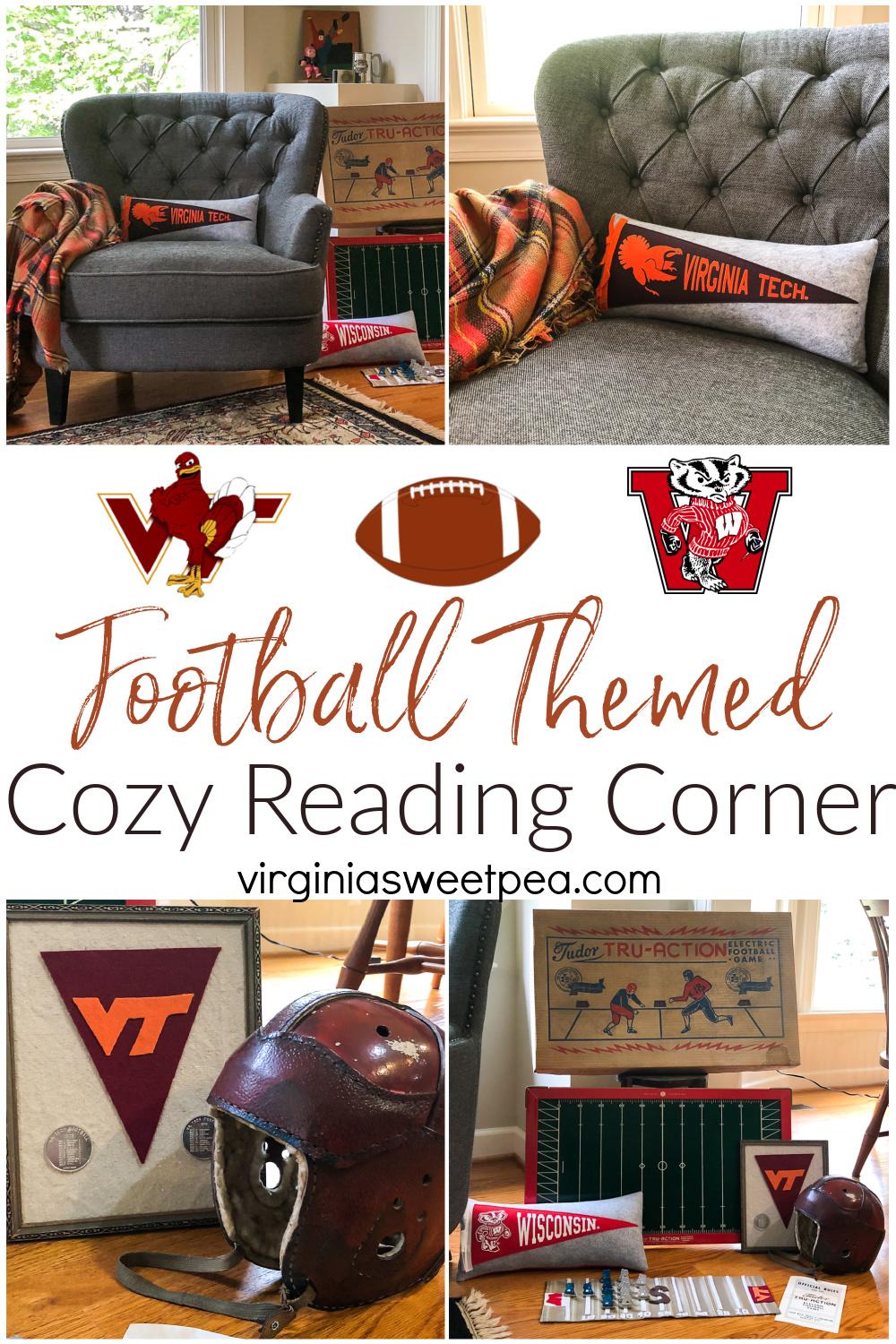 Reading corner with a Virginia Tech football theme