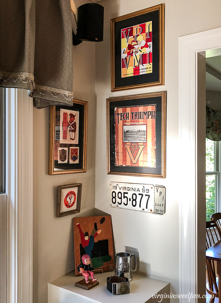 Family room corner decorated with vintage Virginia Tech football themed items