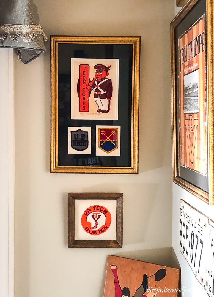 Framed Virginia Tech Corp of Cadets memorabilia with a Virginia Tech Hokies football cross stitch