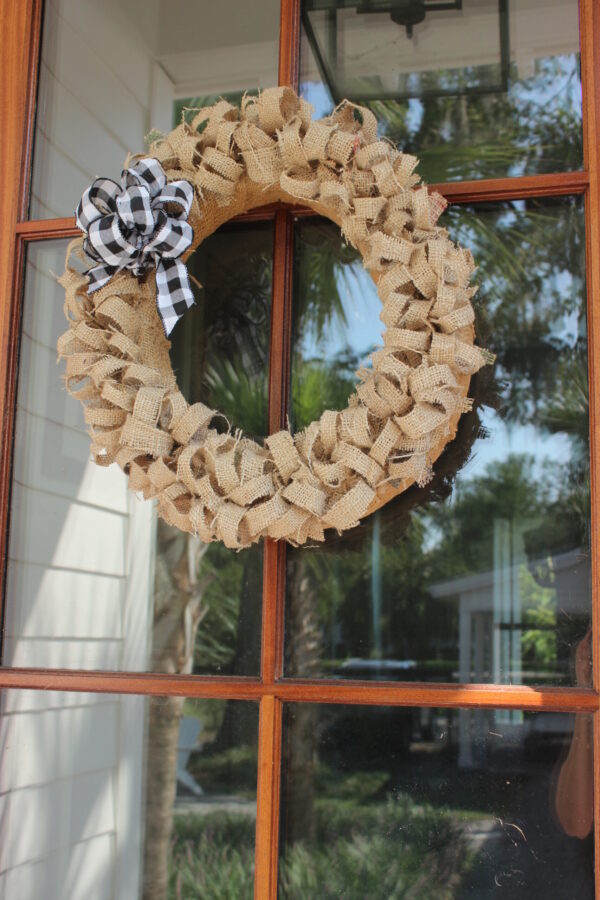 Fall wreath made using a coffee sack