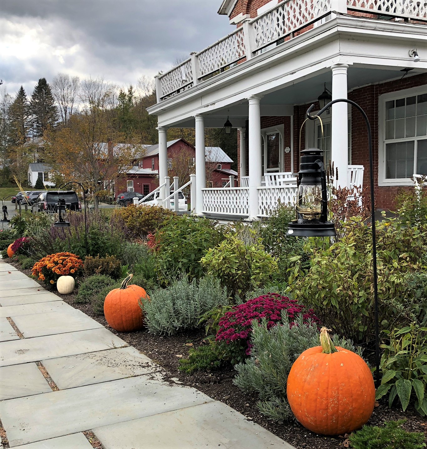 Pumpkins lining a perennial bed at the Kedron Valley Inn in Vermont