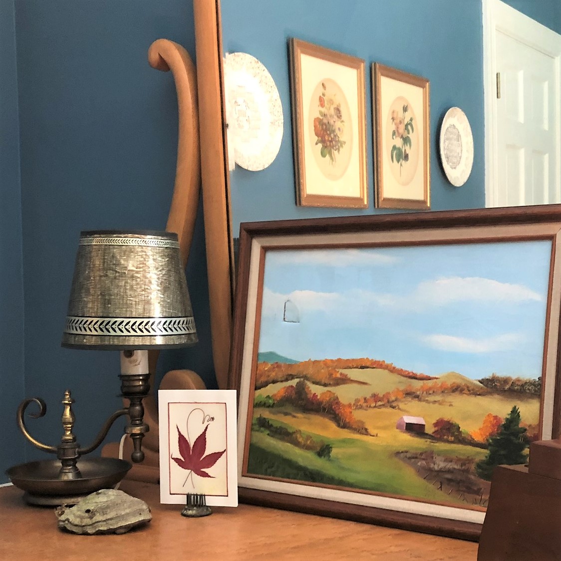 Vintage brass lamp, painting of Vermont in fall, pressed maple leaf