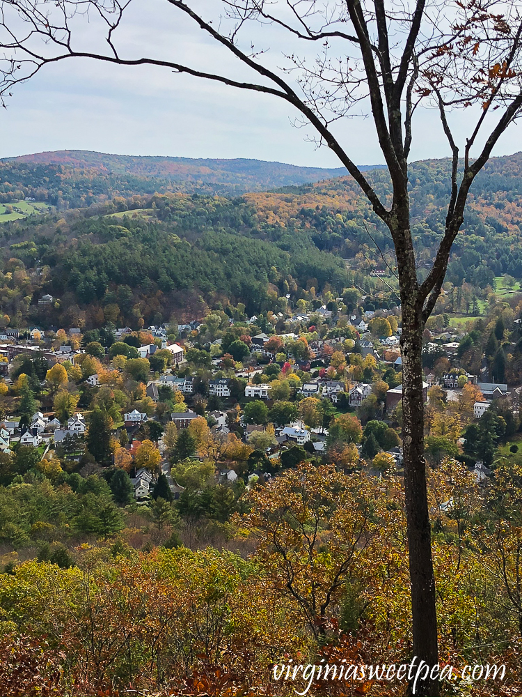 View of the town of Woodstock, Vermont from the top of Mt. Tom in fall