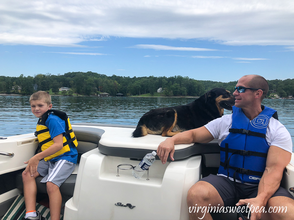 Dad, son, dog on a boat at Smith Mountain Lake, VA