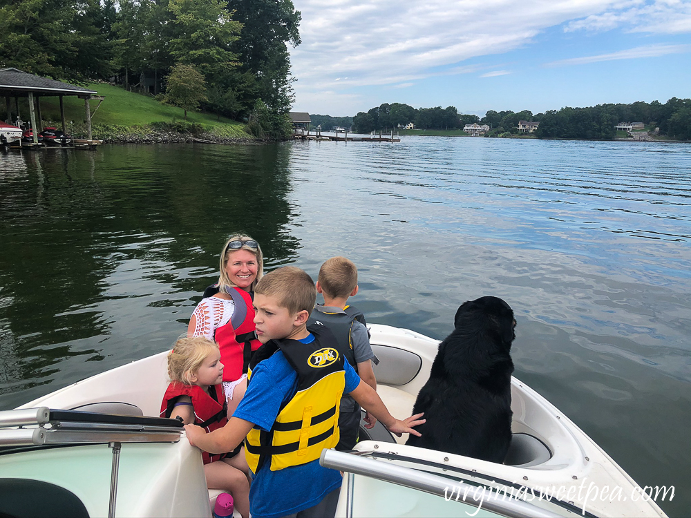 Mom, kids, dog on a boat at Smith Mountain Lake, VA