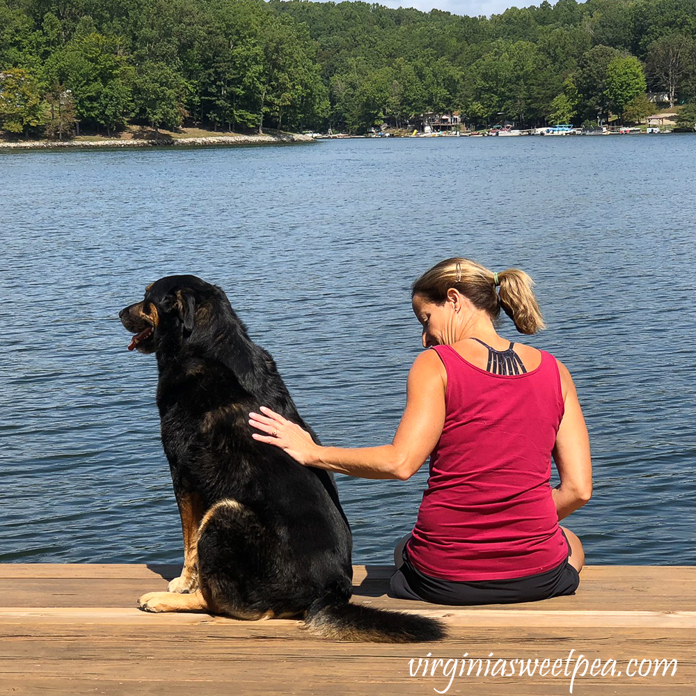 Dog and woman sitting on a dock