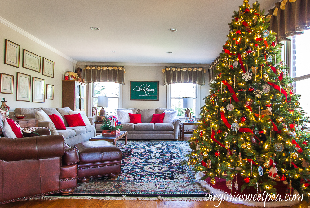 Family room decorated for Christmas with vintage style