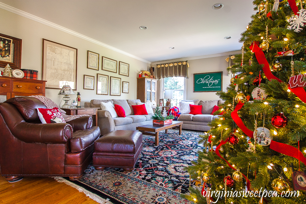 Family room decorated for Christmas with vintage style