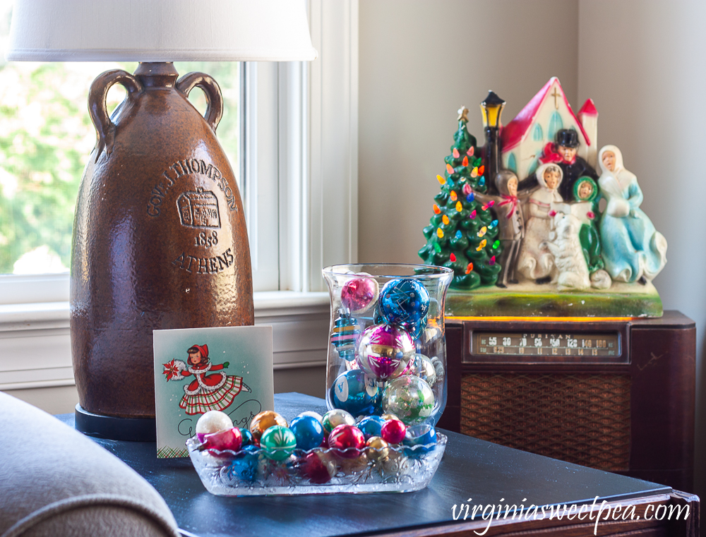 End table decorated for Christmas with Vintage