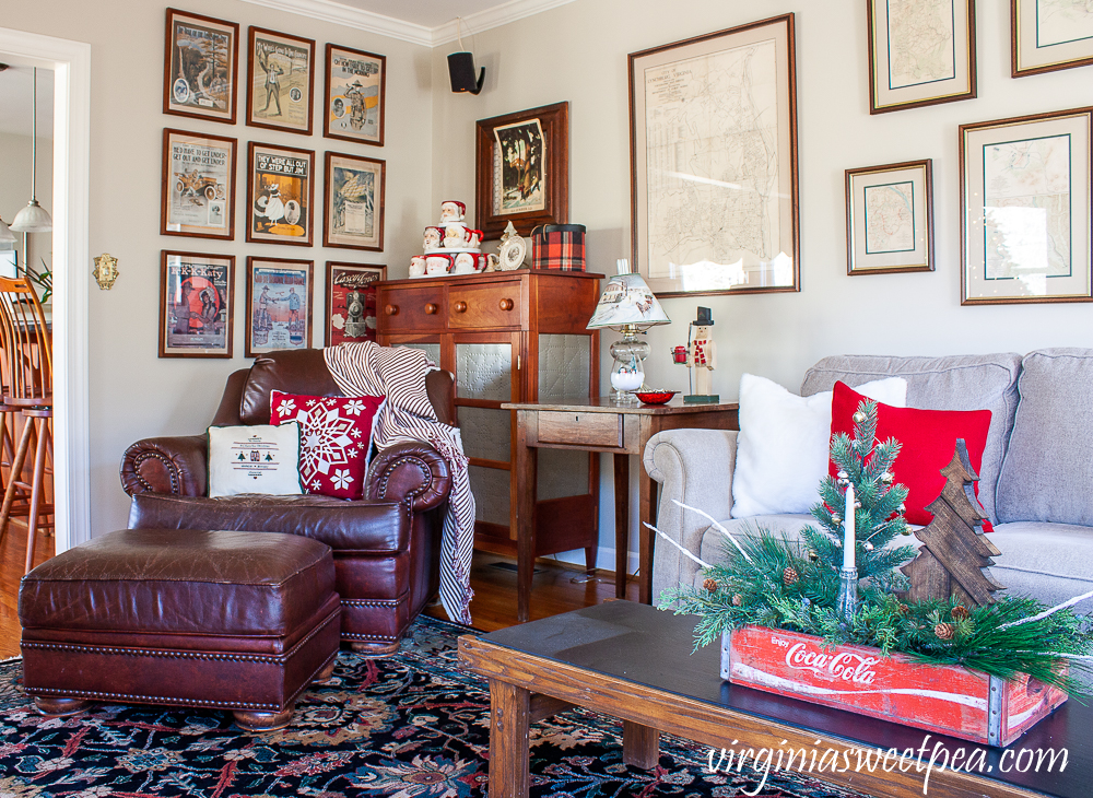 Family Room Decorated for Christmas with vintage