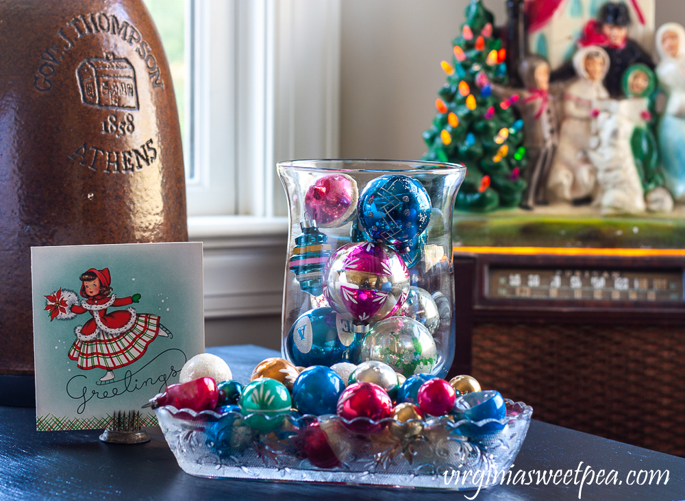 End table decorated for Christmas with Vintage