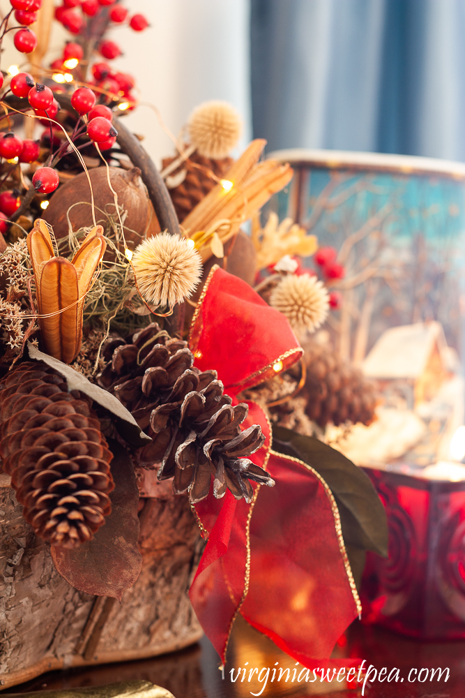 Birch bark basket decorated for Christmas