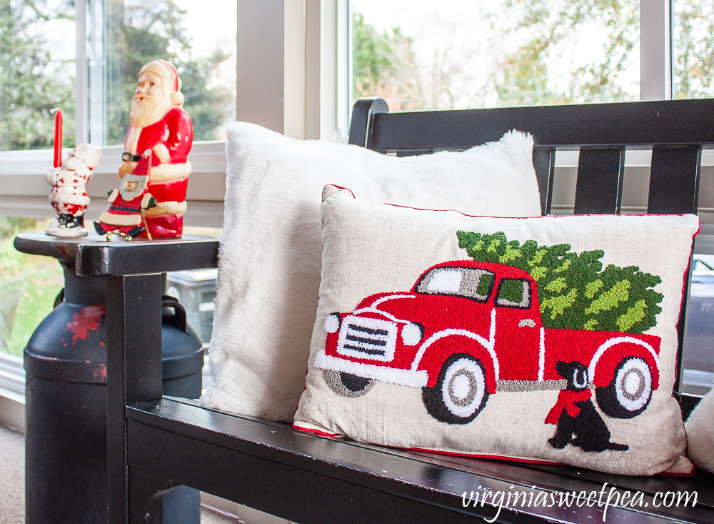 Cracker Barrel pillow with red truck and dog