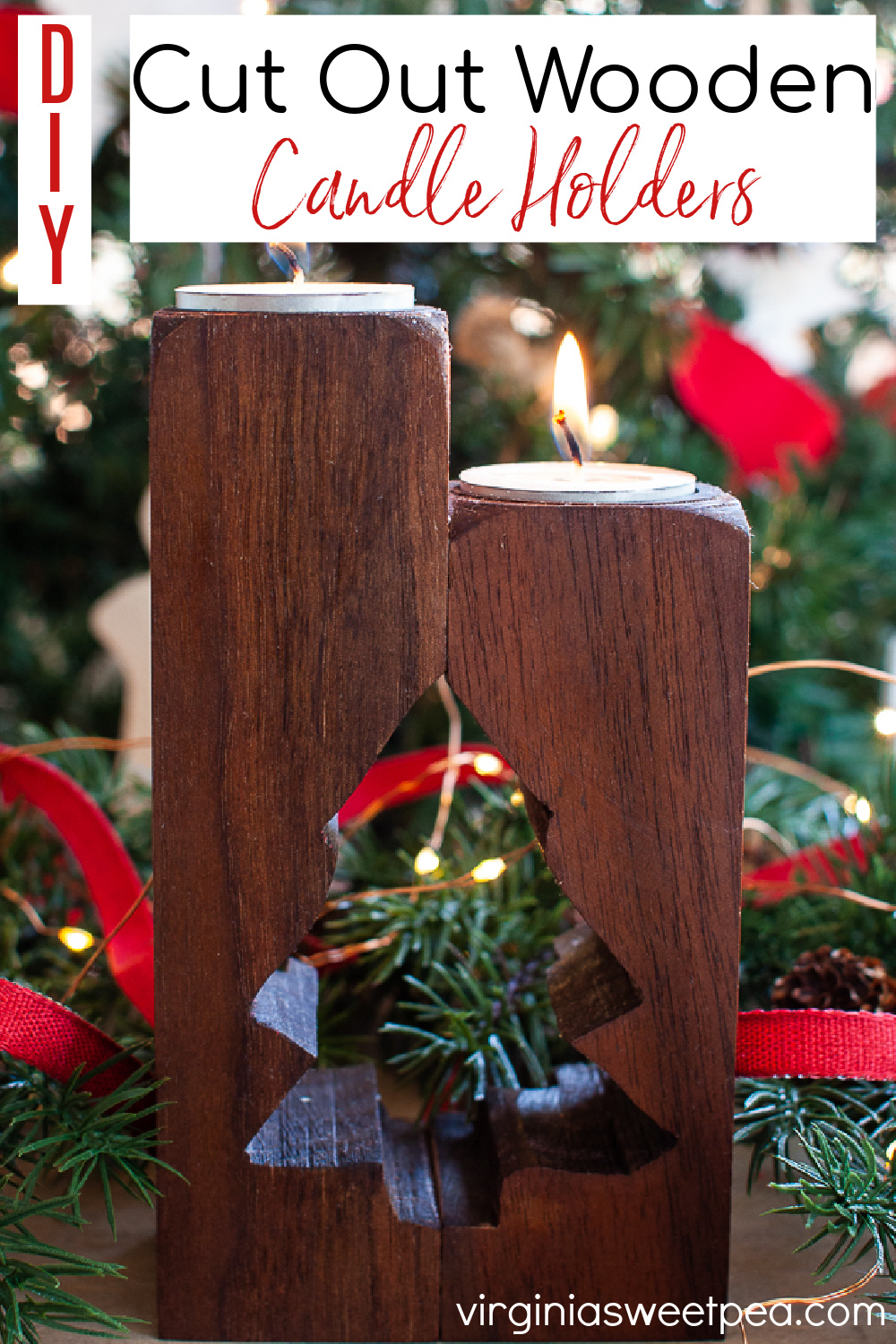 DIY wooden candle holder with tree cut into the wood holding two tea lights