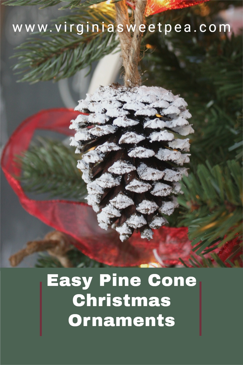 Christmas ornament made with a pine cone coated in spray snow with a twine hanger