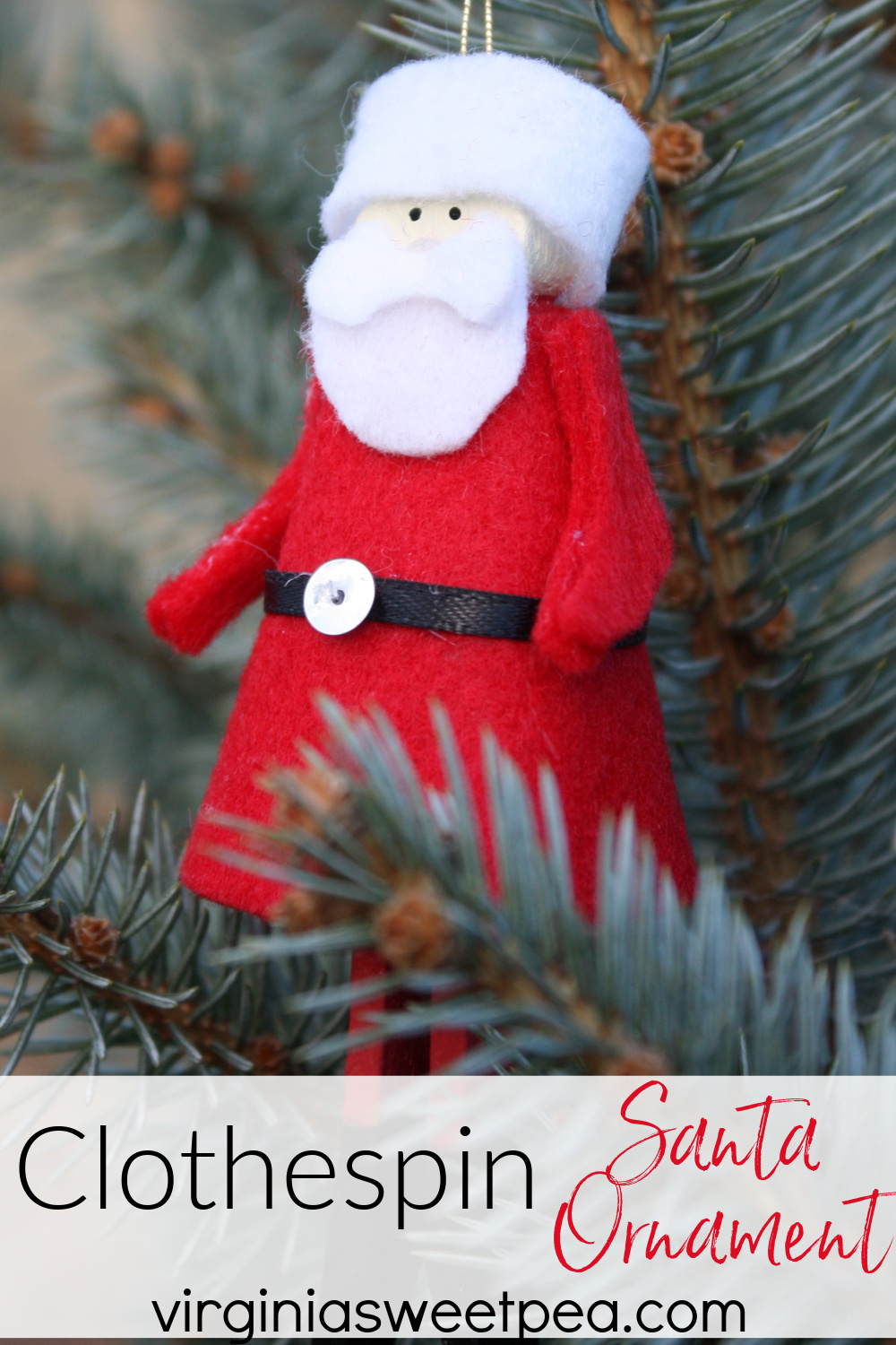 Santa ornament made using a clothespin, felt, paint, and a sequin