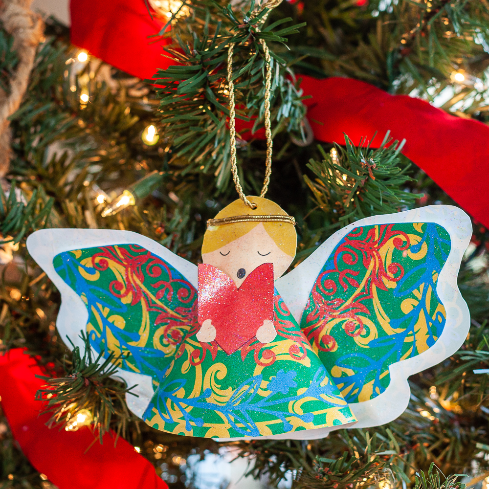 Sparkly angel Christmas ornament crafted from paper