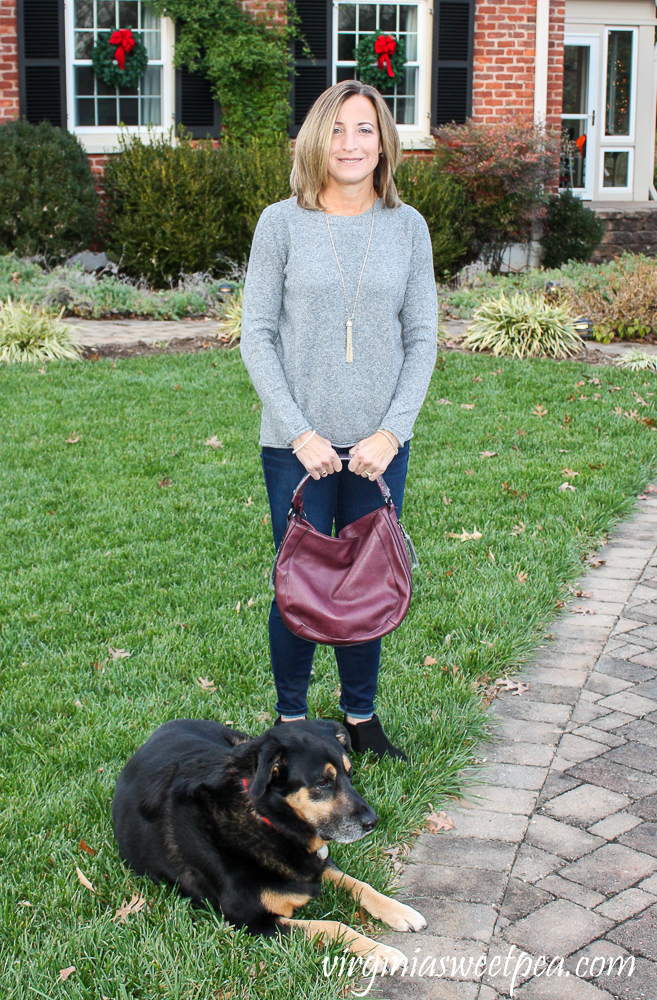 Stitch Fix Pinque Gina Crew Neck Pullover with Kut from the Kloth Bhody Skinny High Rise Fab Ab Jean and Moda Luxe Danella Suede Hobo