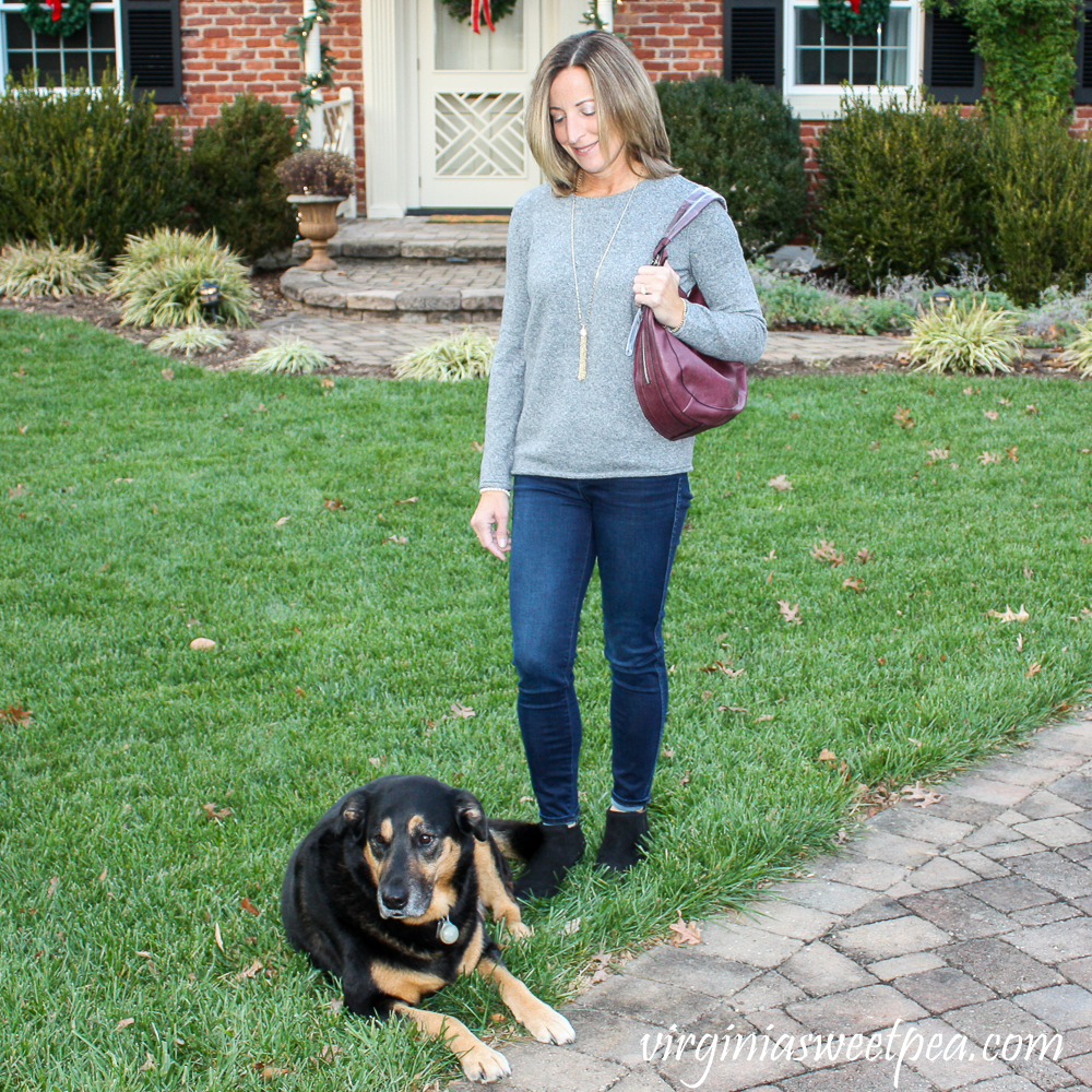 Stitch Fix Pinque Gina Crew Neck Pullover with Kut from the Kloth Bhody Skinny High Rise Fab Ab Jean and Moda Luxe Danella Suede Hobo