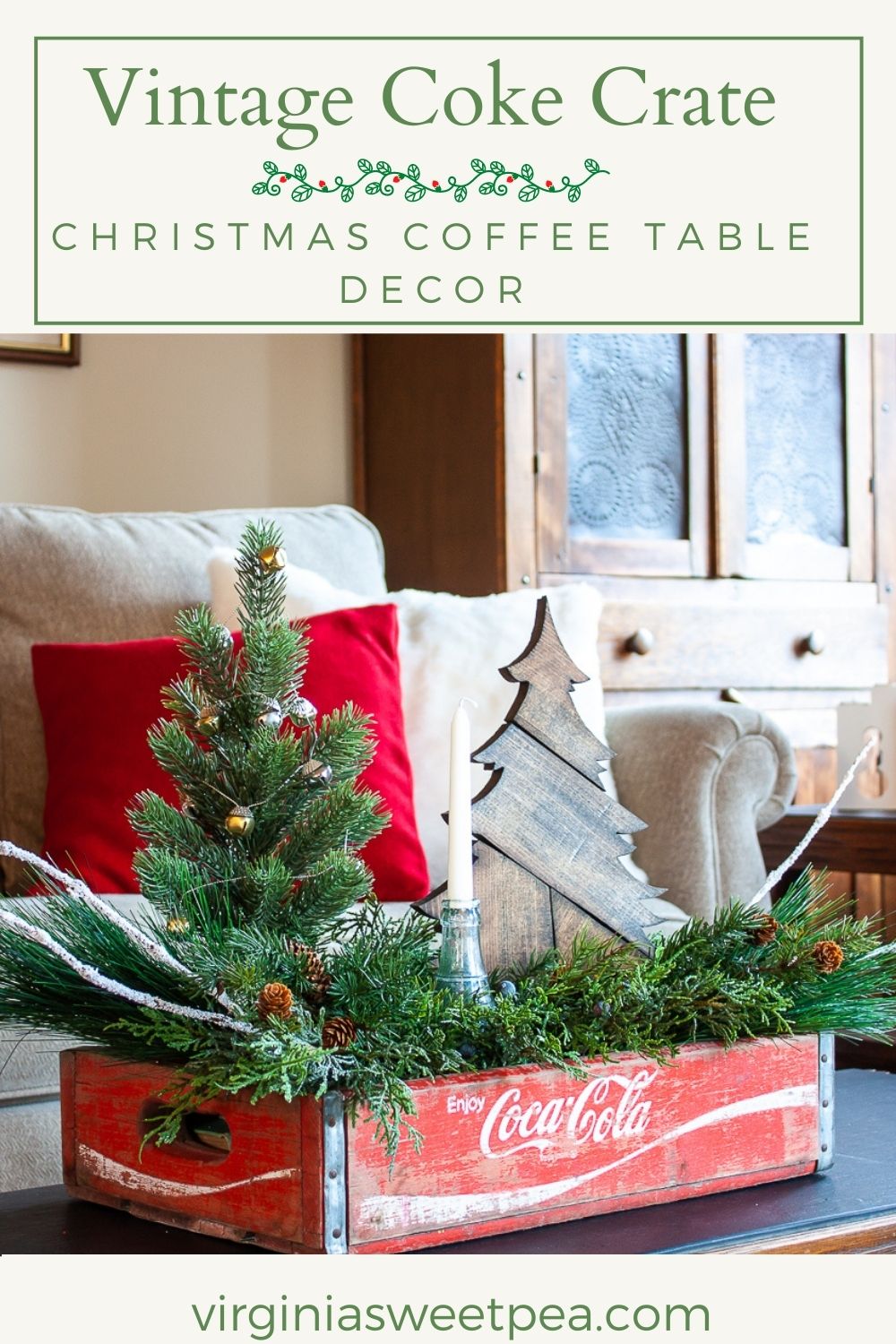 Coca-Cola crate on a coffee table decorated for Christmas