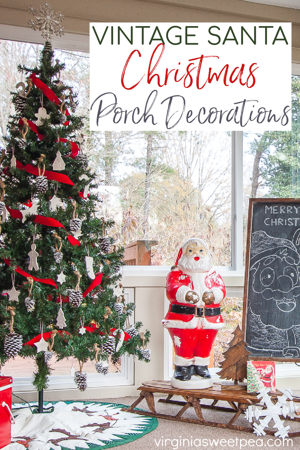 A porch decorated for Christmas with a tree with handmade ornaments, handmade tree skirt, blowmold Santa, and more vintage Christmas decor