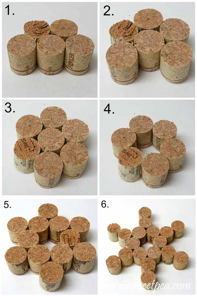 Steps to use wine corks to make a snowflake Christmas ornament.