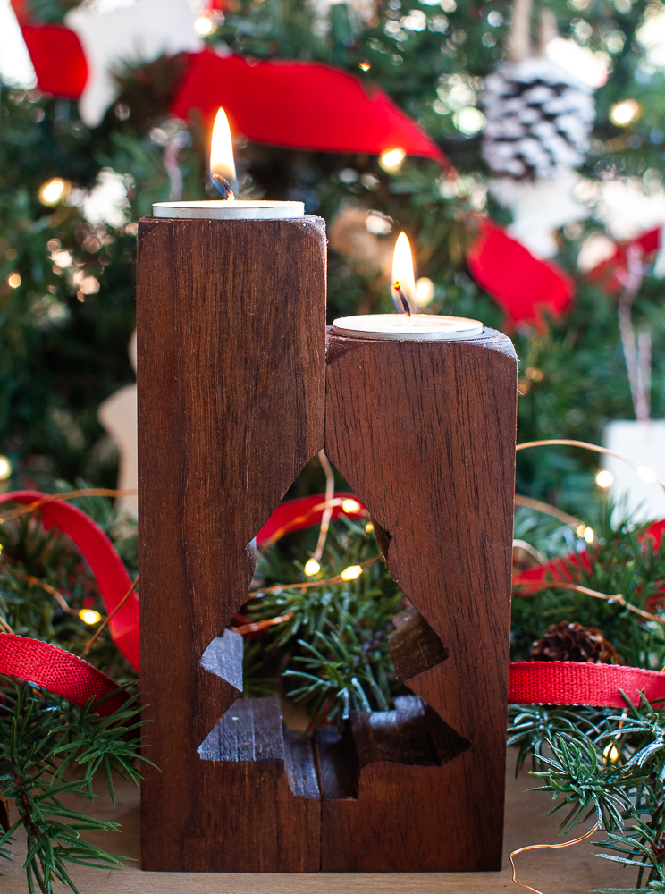 Candle Holder made from an upcycled table leg with a tree cut out