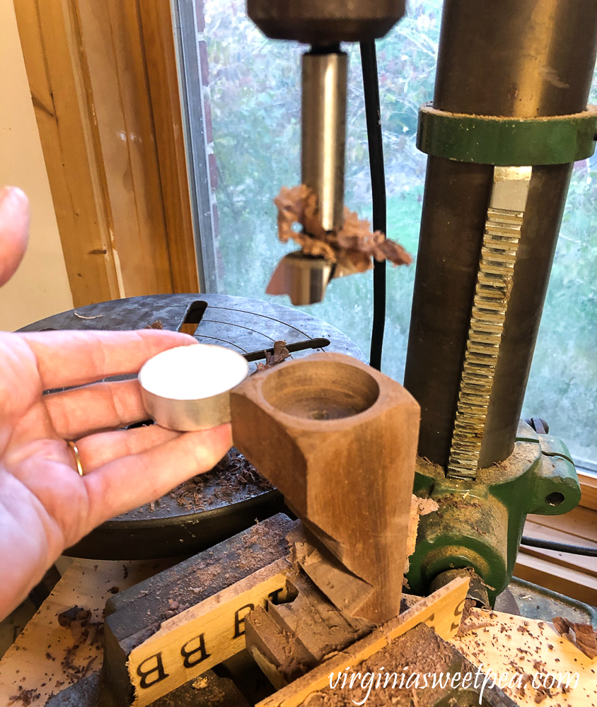 Using a forsner bit to make a tea light candle holder.