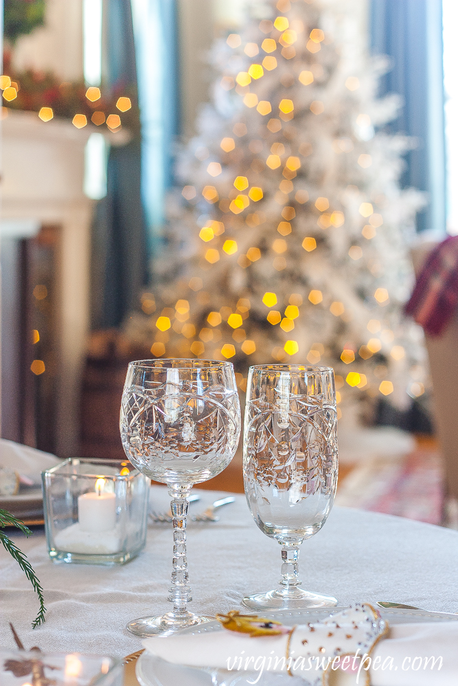 Rocksharp Villars crystal ice tea and water glasses on a Christmas table