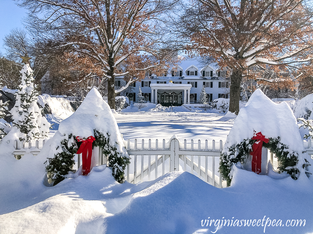 Woodstock Inn in Woodstock, Vermont in snow at Christmas