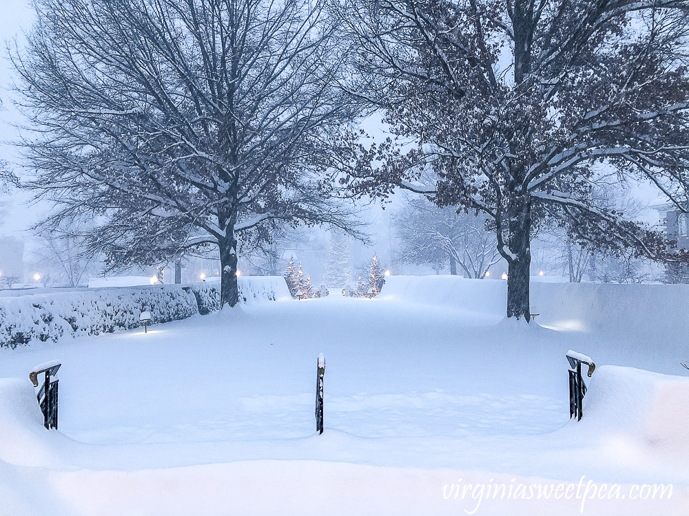 View from the front door of the Woodstock Inn in Woodstock, Vermont in snow at Christmas