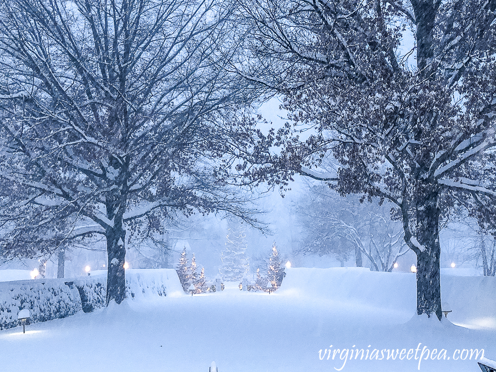 View from the front door of the Woodstock Inn in Woodstock, Vermont during a huge snowstorm.