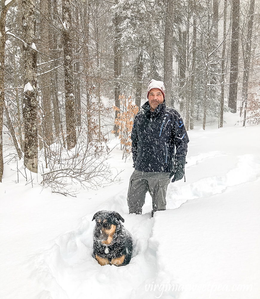 Sherman and David Skulina in the December 2020 snow in Woodstock, Vermont