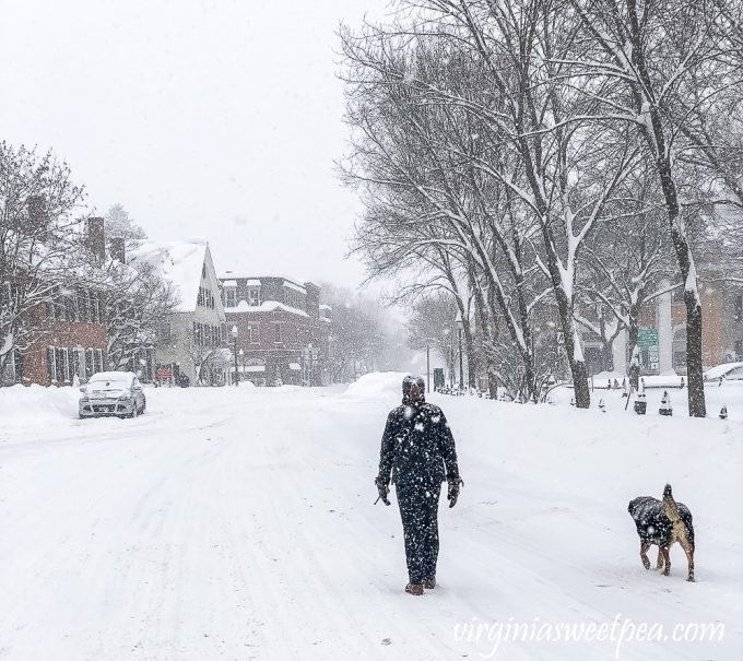 Walking in the snow in Woodstock, Vermont