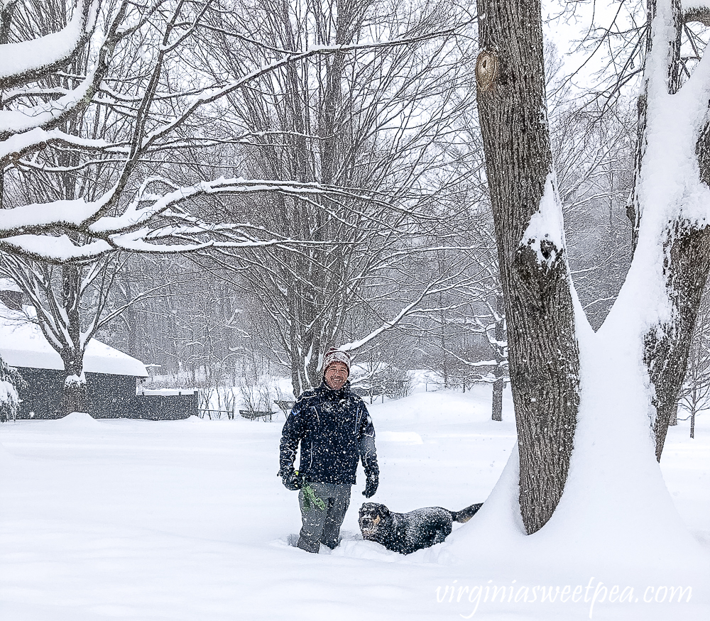 Sherman and David Skulina in the December 2020 snow in Woodstock, Vermont