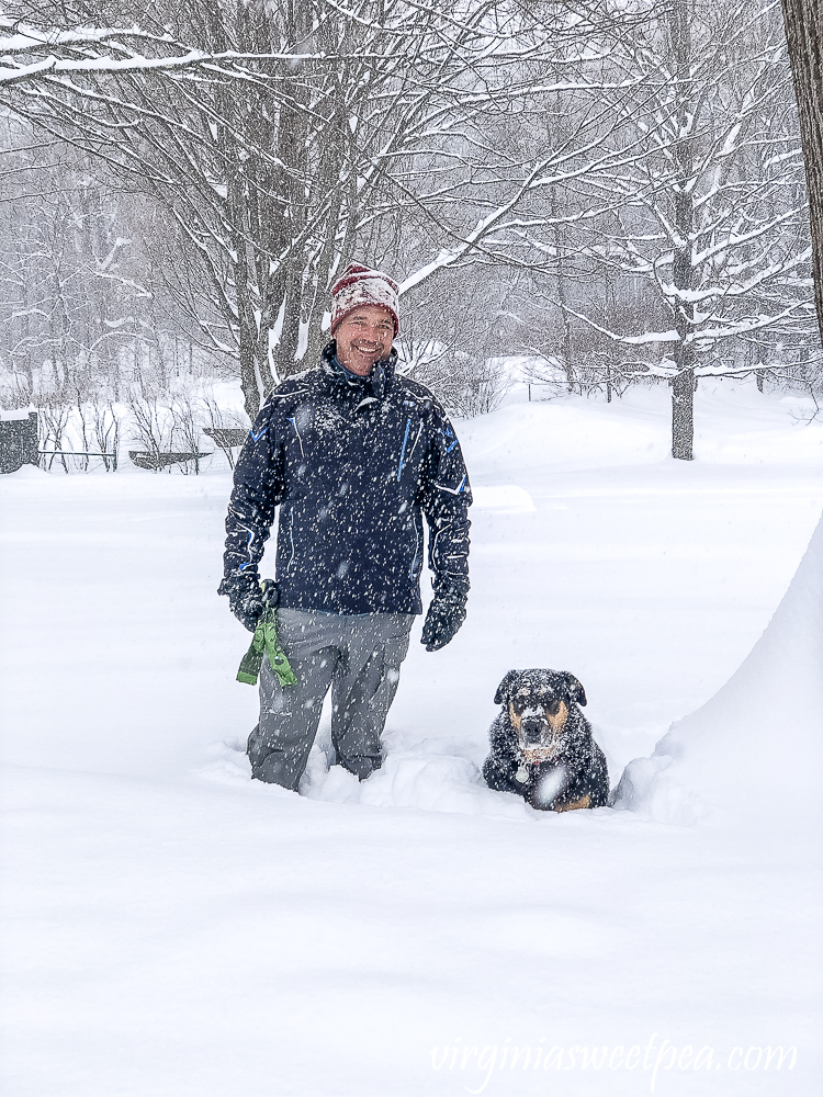Sherman and David Skulina in the December 2020 snow in Woodstock, Vermont