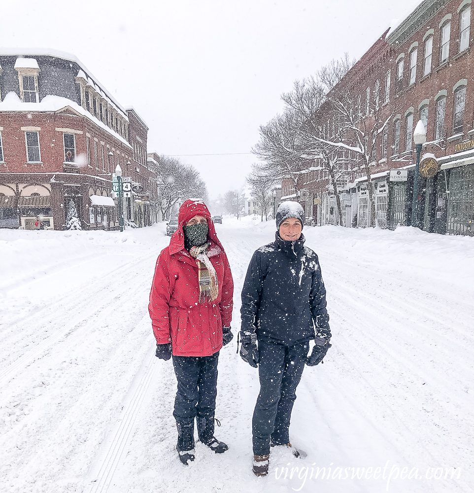 Mama and me in the town of Woodstock, Vermont in the snow